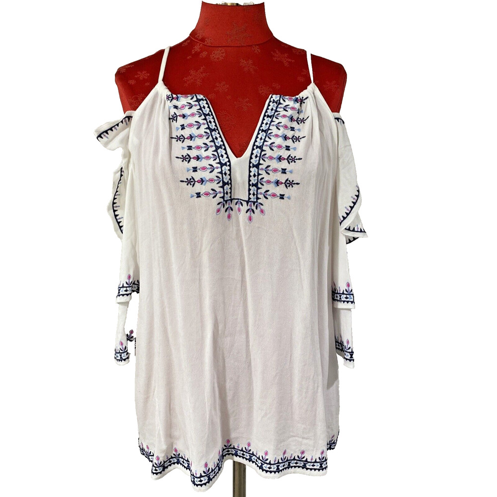 Joy Joy Size L White Gauzy Embroidery Top Cold Shoulder Blouse Ruffle Sleeve